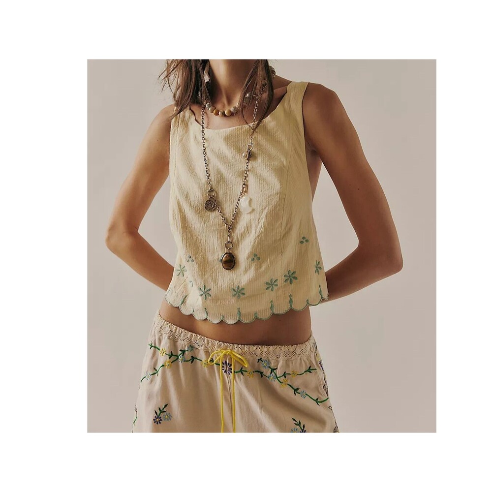 Free People Kayla Solid Embroidered Blouse Top Floral Yellow Cotton XL 280044